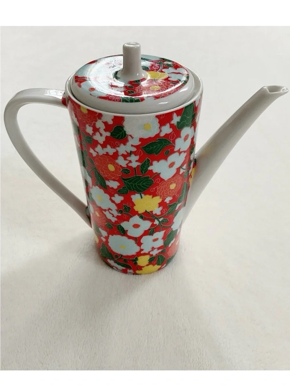 Vintage Made in Spain Floral Ceramic Coffee Pot Teapot Red White Cottagecore